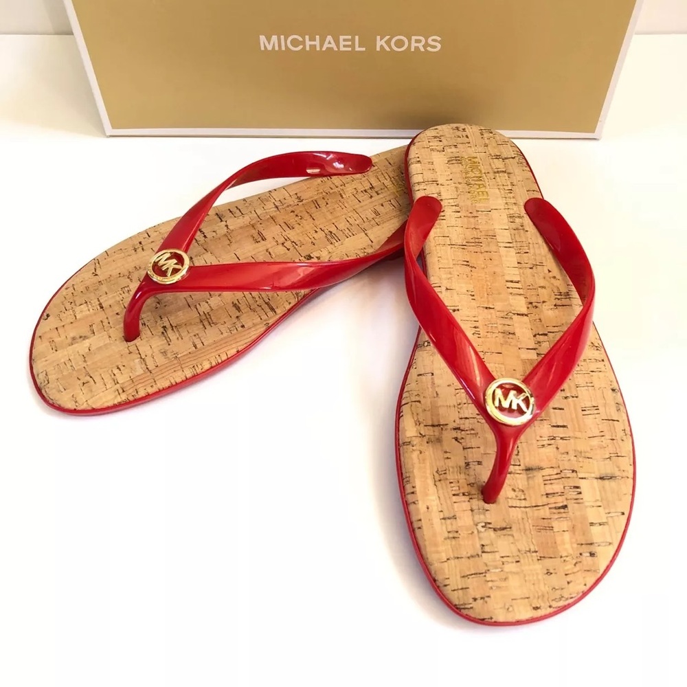 Michael Kors Thong Sandals W-4O-Pink Straps Gold MK,Cork foot bed,rubber bottom